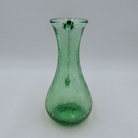 Crackle Glass Mini Pitcher Cruet Hand Blown 7 Inch Green Applied Handle - Picture 2 of 9